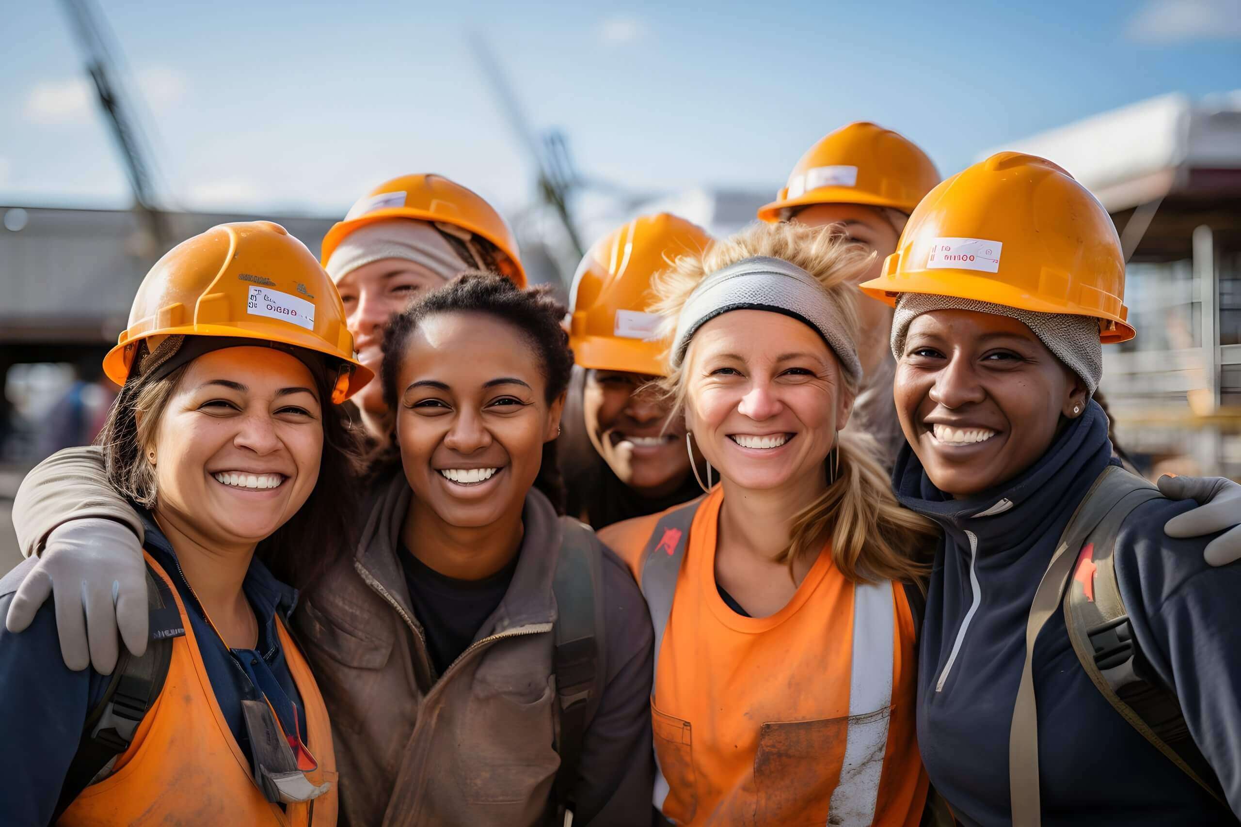 Smiling workers in hard hats